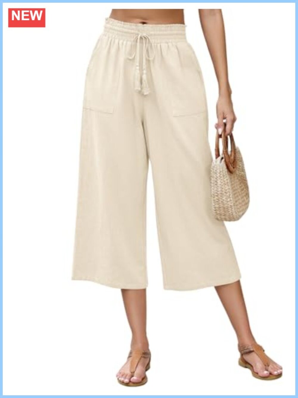 Linen Capri Pants Wide Leg High Waisted Tie Waist